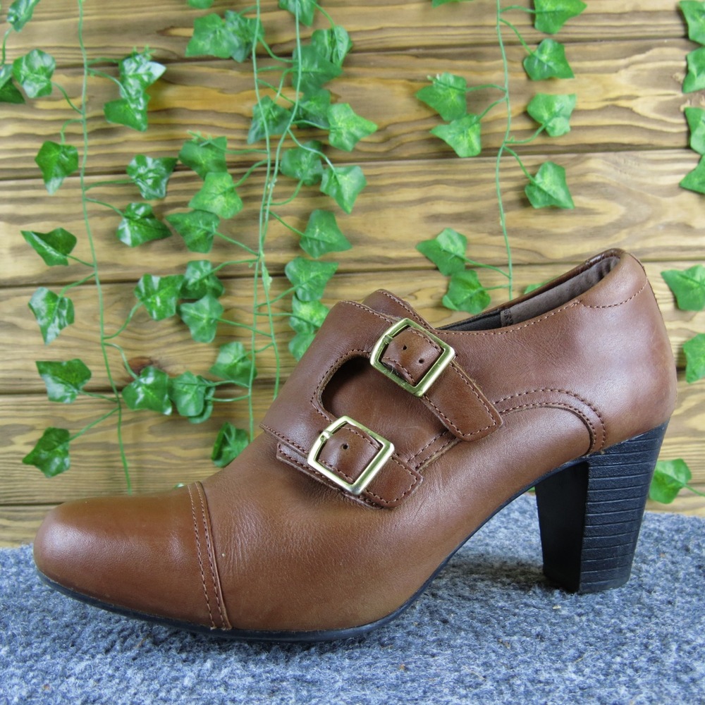 Clarks Sapphire Athena‎ Women 7.5 Brown Leather Heeled Shoes Buckle Strap